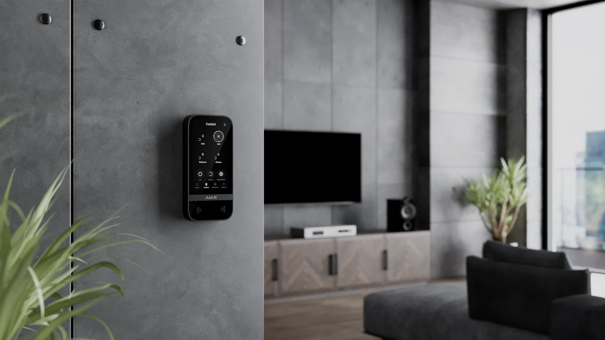 Ajax KeyPad TouchScreen mounted on a wall in a modern apartment