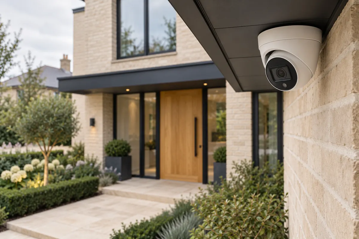 Illustrative turret CCTV camera installed beneath the eaves of a modern home