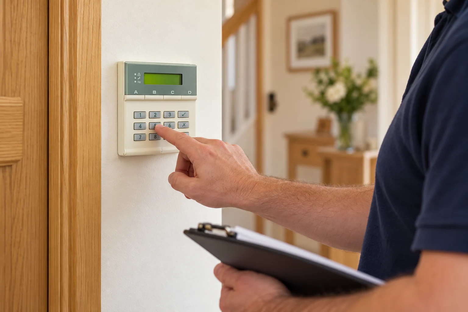 Illustrative scene of a technician checking an existing alarm keypad in a home